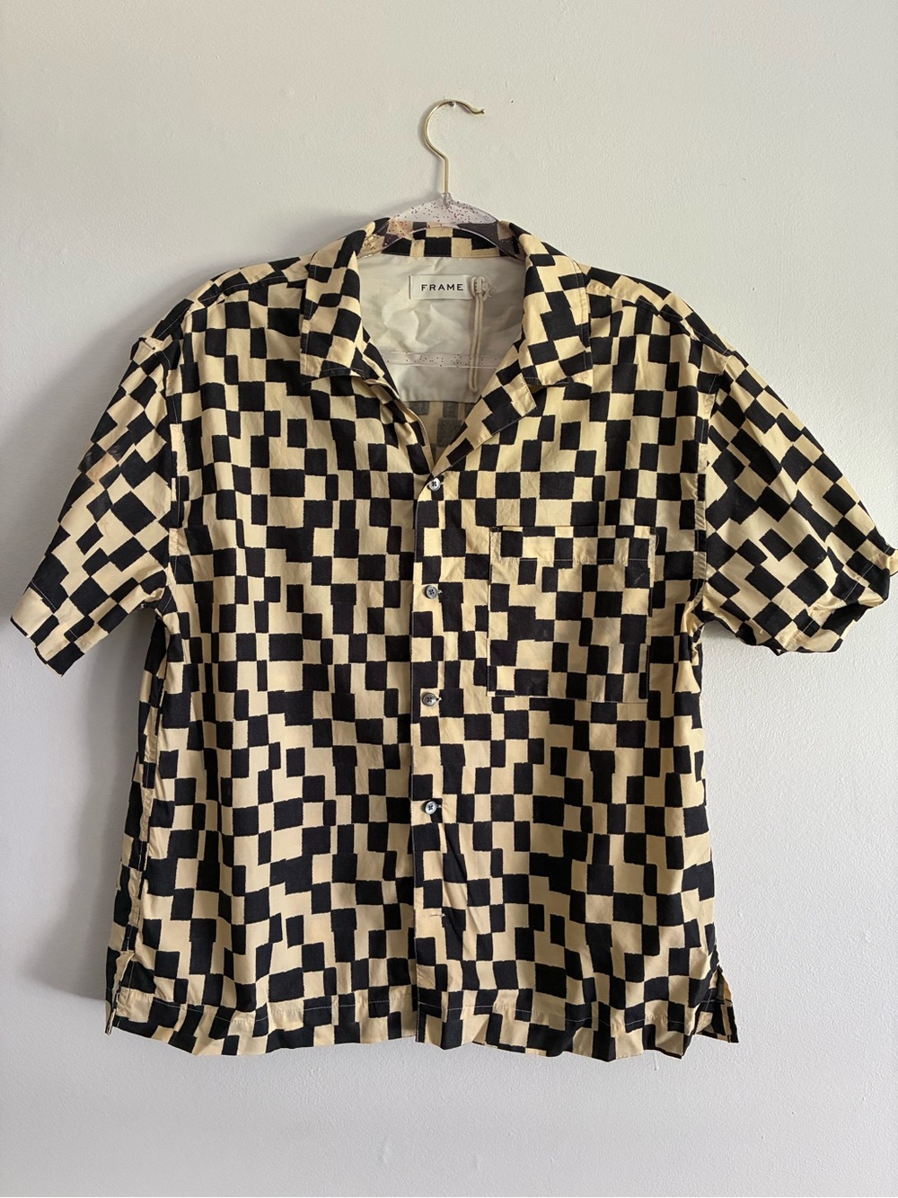 Frame Denim Men’s Short Sleeve Checkerboard Shirt in Black and Cream